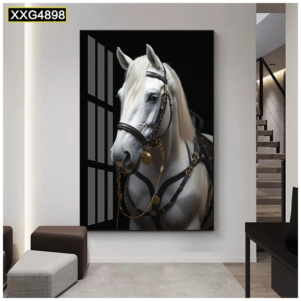 现代简约白色骏马客厅装饰画玄关走廊过道挂画竖版餐厅卧室墙壁画