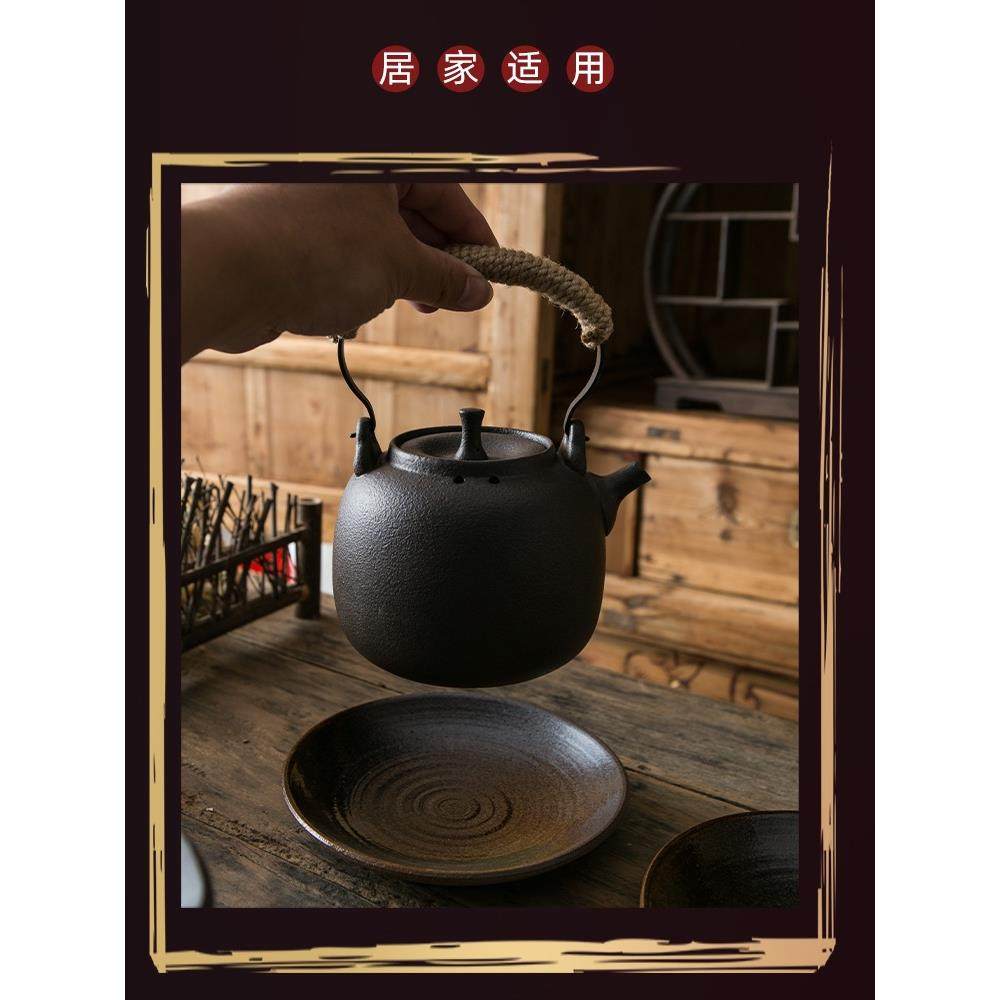 户外复古明火黑陶碳炉提梁壶烧水壶粗陶直烧煮茶煮茶壶围炉土陶壶
