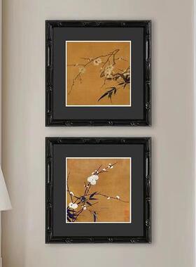 法式中古风装饰画餐厅卧室双联花鸟正方形黑色装饰画《梅竹图》