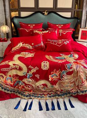 龙凤四件套婚庆家纺红色长绒棉刺绣结婚床上用品陪嫁新中式喜被