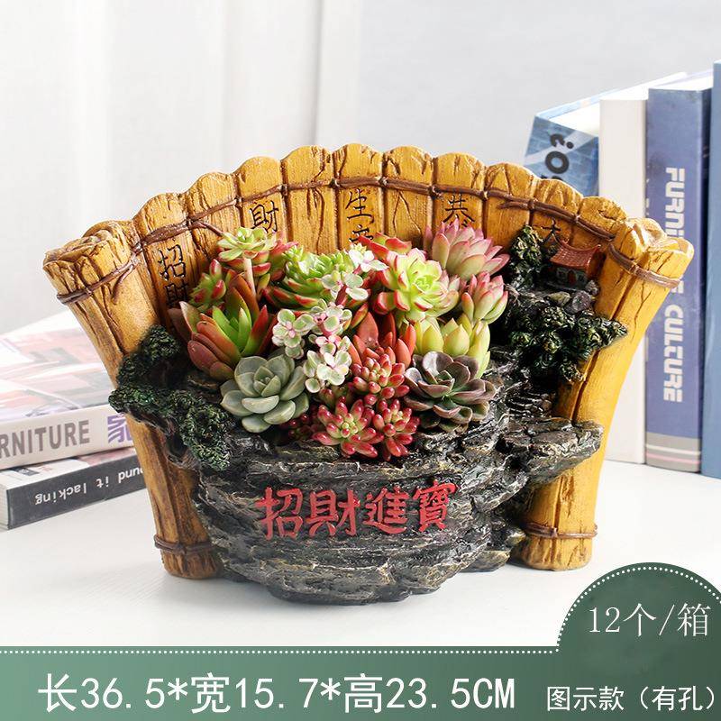 新款个性树脂花盆基地园艺桌树脂盆栽招财进宝扇子树脂花盆
