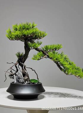 新中式仿真迎客松树盆景罗汉松摆件绿植家居玄关客厅酒店装饰假树