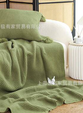 北欧风大吊穗绿色毛毯客厅沙发盖毯加绒毯子午睡毯办公室午休毯