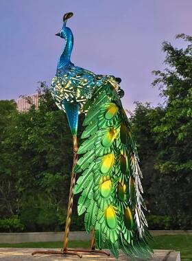 外贸热销欧美户外草坪铁艺工艺品太阳能灯拖尾孔雀蓝绿色动物摆件