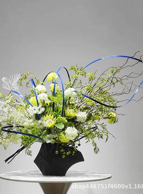 新中式绿色仿真花干枝样板房间软装客厅插花轻奢餐桌花艺茶几摆件