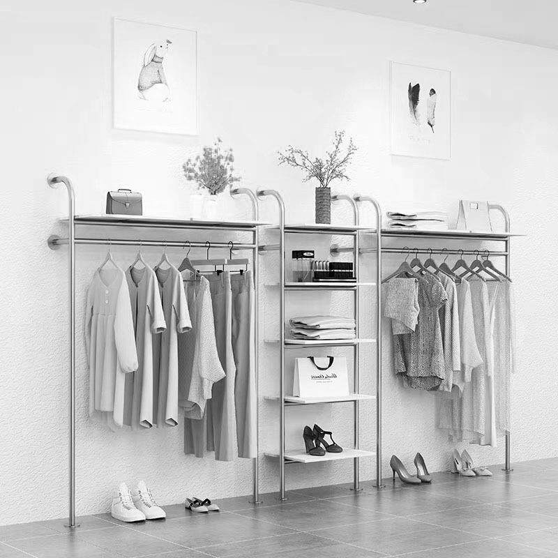服装店上墙落地展示架双层陈列架多功能墙上组合挂衣架纳米银