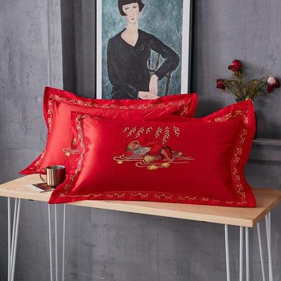 全棉纯棉刺绣大红色喜庆婚庆绣花枕套成人单人枕头套48*74一对装