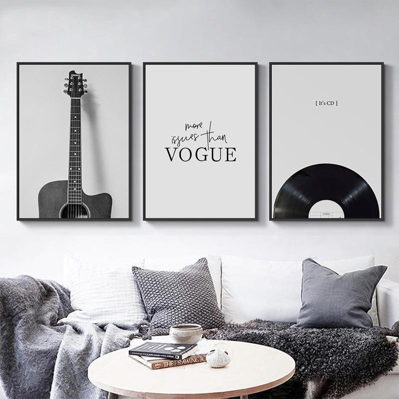 北欧现代简约装饰画客厅复古吉他音乐墙壁画卧室床头黑白创意挂画