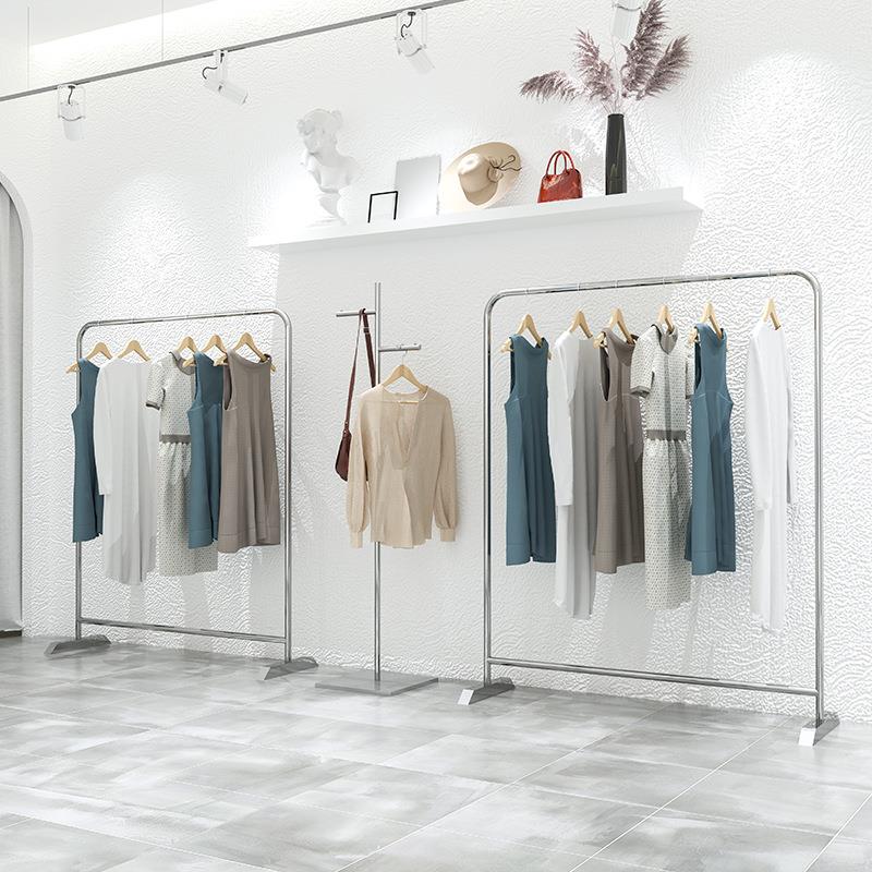 服装店展示架陈列架女装货架侧挂中岛架不锈钢落地式拉丝银挂衣杆