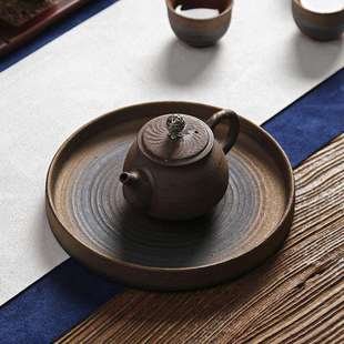 迷你家用日式 粗陶干泡台茶盘小壶承陶瓷圆形储水式 柴烧泡茶台托盘