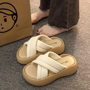 品牌特价红婧蜓真皮厚底凉鞋女2024年夏季新款松糕软底平底凉拖女