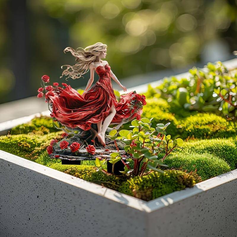 跨境优雅的红裙女士彩色花园桩亚力克防水耐磨庭院地插挂件摆件