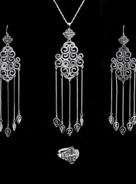 蒙古元素首饰三件套套装蒙古小众设计复古民族风银色蒙族花纹饰品