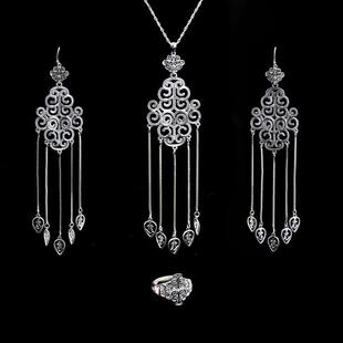 蒙古元素首饰三件套套装蒙古小众设计复古民族风银色蒙族花纹饰品