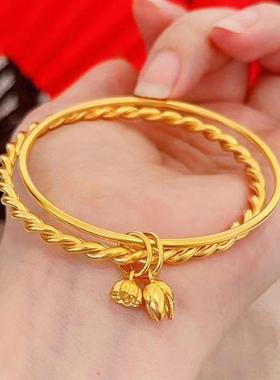 古法经典手镯双环两世欢莲花莲蓬黄金色镯子麻花素圈镯子实心百搭