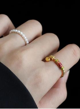 锦鲤蹦迪珠戒指高级感设计轻奢百搭指环古法珐琅锦鲤复古食指戒