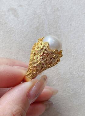 古法银鎏金花丝工艺仿珍珠戒指开口复古轻奢高级时尚气质百搭指环