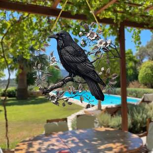 跨境万圣节乌鸦透明亚克力圆盘捕手带链窗饰门廊挂件吊坠装饰牌匾