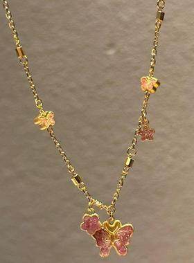 古法传承闪耀珐琅蝴蝶项链精致磨砂高烧蓝四叶草挂坠套链时尚百搭