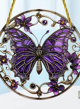 跨境紫色蝴蝶悬挂饰品亚克力彩色玻璃标牌女士礼物节日装饰挂件