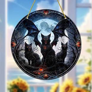 万圣节恐怖蝙蝠黑猫结合体亚克力窗饰门廊挂件带链吊牌庭院装饰