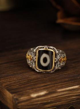 藏式天珠戒镶嵌人造一眼天珠戒指复古做旧高级感气质活口食指戒