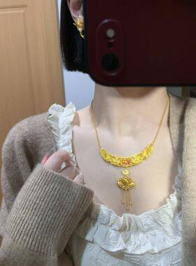 古老东方美新中式古法金色凤凰祥云项链宫廷气质烧蓝莲花流苏套链