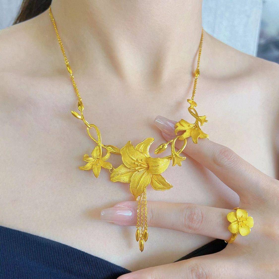 黄金色百合花流苏项链戒指耳环女结婚三金高级感百搭首饰