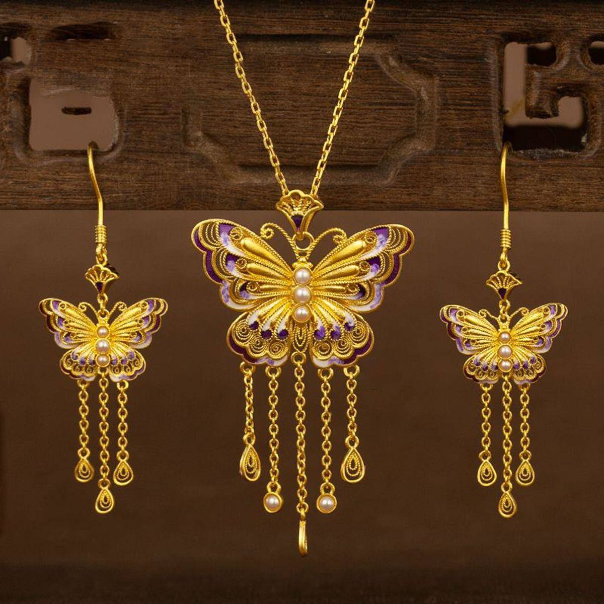 紫韵花丝蝴蝶系列套链耳坠珍珠珐琅古法气质轻奢高级感奢华百搭