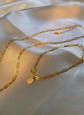 厚实素金色链可叠戴镀金欧美风方形项链精致锁骨链手链配饰品