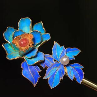 复古簪子设计鎏金花丝镶嵌双色点翠工艺缀碧玺珍珠盘发海棠发簪