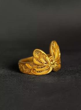 新款轻奢金色古法手工花丝蝴蝶戒指镂空指环高级百搭饰品礼物尾戒