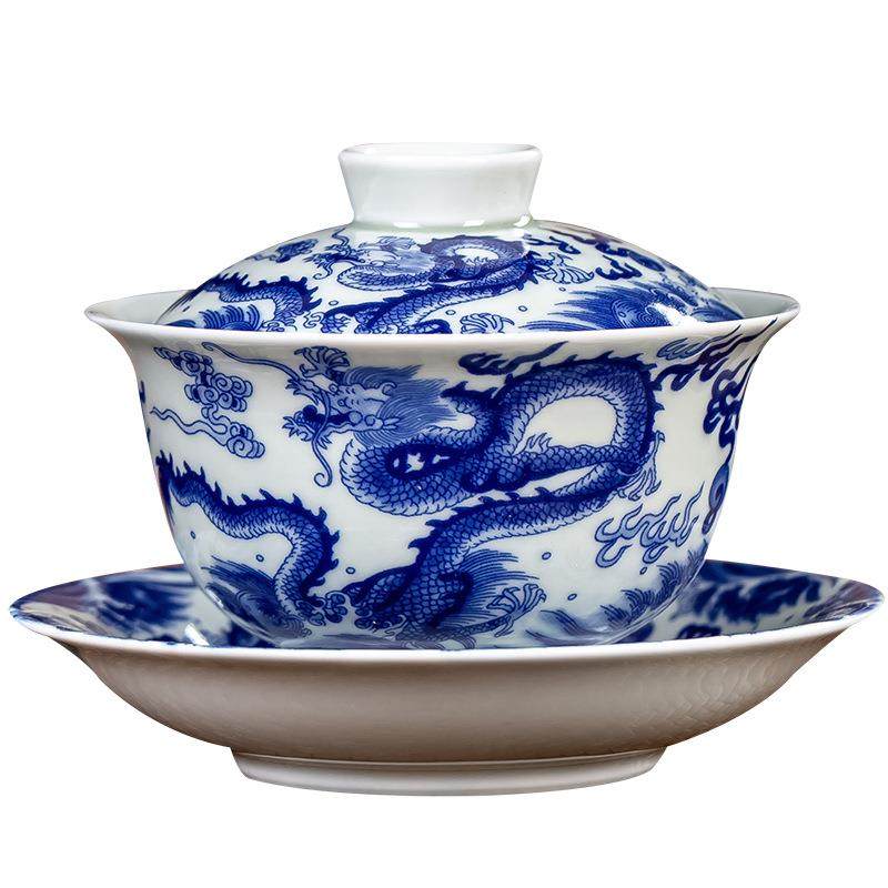 景德镇仿古青花双龙陶瓷三才盖碗不烫手家用功夫茶具茶杯抖音供货,餐饮具,盖碗,淘宝优惠券,粉丝福利购,淘宝优惠卷