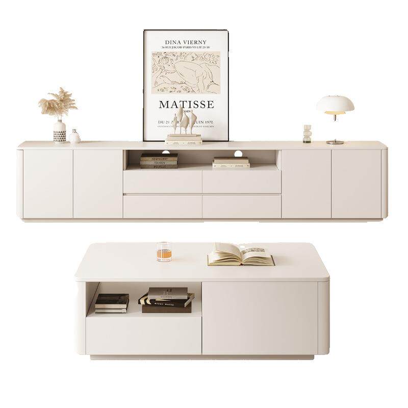 客厅小户型奶油风白色靠墙简约储物柜落地实木新品组合电视柜茶几