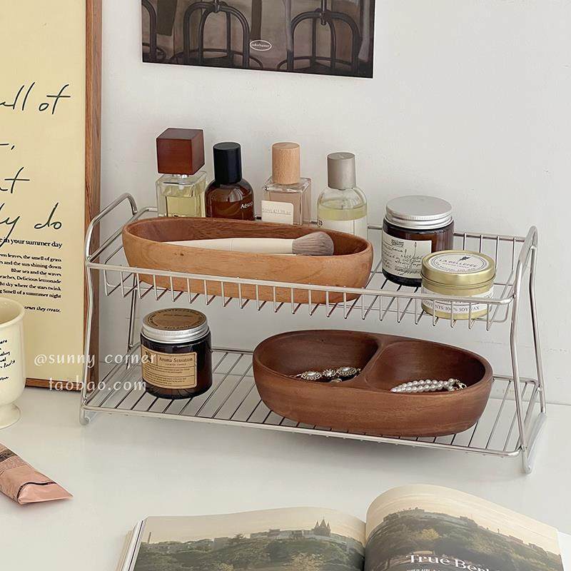 ins简约双层不锈钢金属台面置物架桌面杂物化妆品整理收纳架杯架