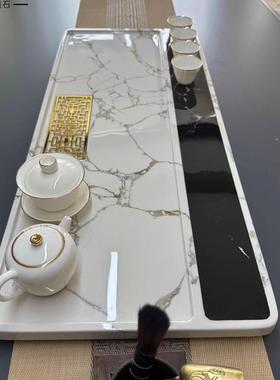 以里安轻奢家用排水茶盘高档方形干泡台小茶台精工奢石大理石茶海
