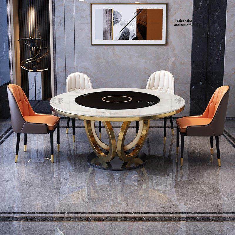 轻型豪华石板餐桌和椅子组合内置电转盘简单家用电磁炉圆桌加热餐,住宅家具,岩板餐桌,淘宝优惠券,粉丝福利购,淘宝优惠卷