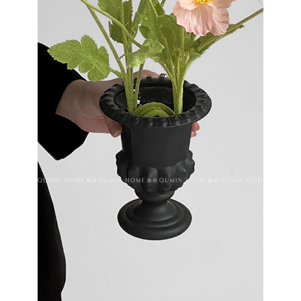 法式覆古黑色高脚玻璃花瓶客厅阳台创意个性桌面摆设高级感花瓶