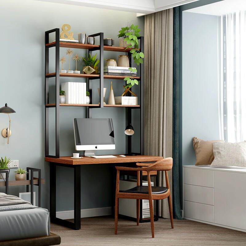 铁艺实木办公桌电脑桌置物架组合书桌书架一体桌工作台双人写字桌