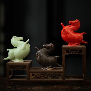 陶瓷招财唐马摆件茶室办公室桌面装 新中式 饰车载马到成功车内好物