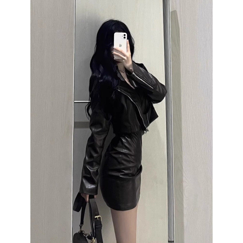 女士套装夏季新款辣妹短款皮衣外套夹克吊带连衣裙显瘦包臀裙潮