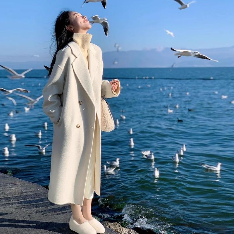 燕麦色毛呢大衣女中长款小个子