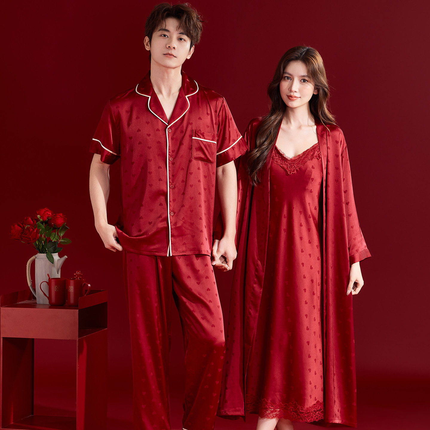 红色结婚睡衣新婚情侣套装冰丝新郎新娘婚用高级2026新款晨袍婚礼