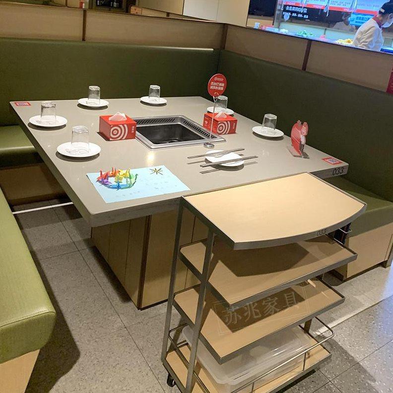 定制大理石无烟火锅桌电磁炉一体商用串串烤肉桌子木烧烤餐桌椅
