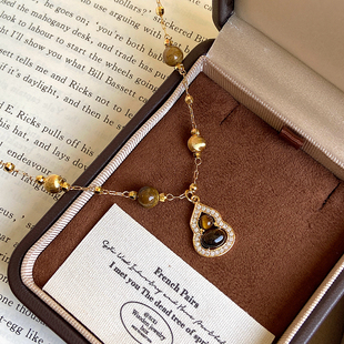 天然虎眼石拉丝球串珠葫芦吊坠项链女美拉德精致设计感锁骨链颈链