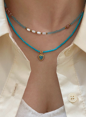 法式蓝色天然石猫眼石串珠项链女