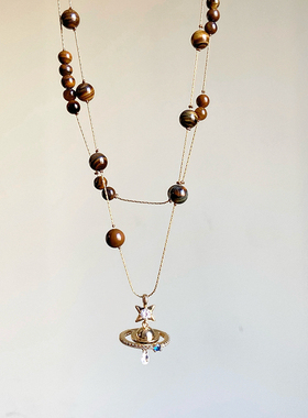 虎眼石双层叠戴飞船土星项链女