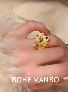 新中式古法烧蓝花丝蝴蝶开口戒指