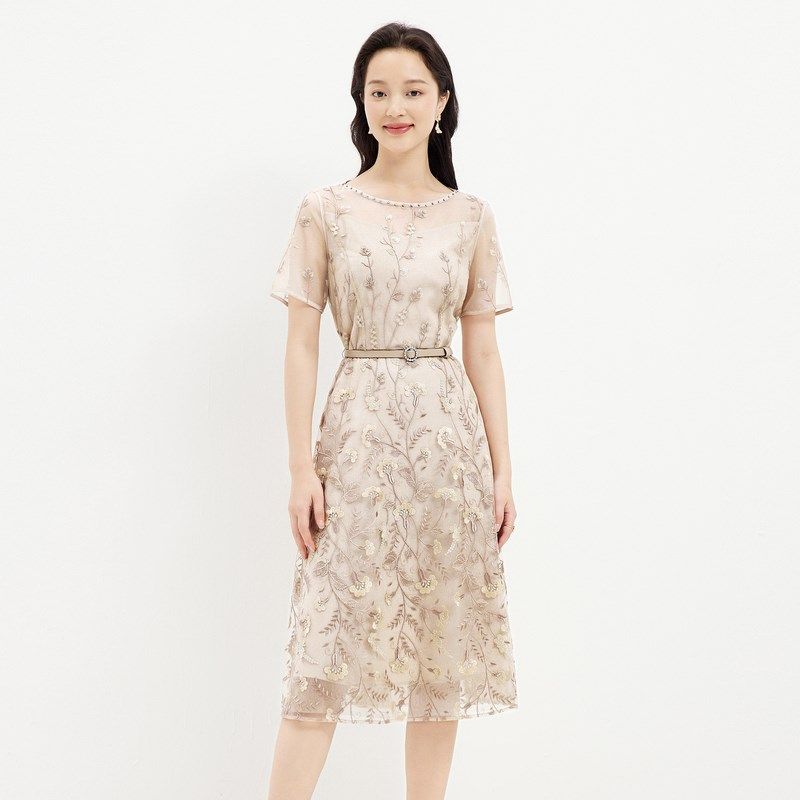 现货【蕾影芳华】重工刺绣蕾丝连衣裙夏中长款法式粉色裙