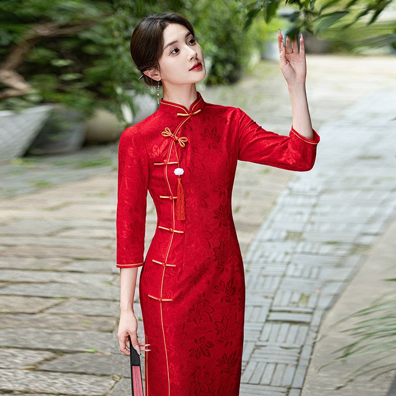 现货速发红色旗袍2025新款外嫁回娘家服装礼仪走秀演出服长袖迎宾